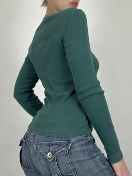 Женские кружевные облегающие футболки, топы, базовая уличная одежда в стиле пэчворк в тонкую рубчатую полоску с V-образным вырезом и длинным рукавом