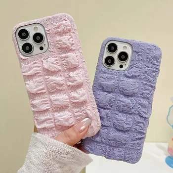 Корейский зимний розовый чехол для телефона с решеткой из слоеной губки для iPhone 11 12 13 14 Pro Max, Тканевая задняя защитная крышка