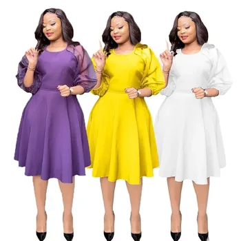 2024 Африканская вечеринка Вечерние Платья для Женщин Весна Африка С Рукавом 3/4 И круглым вырезом Желтое Фиолетовое Белое Платье Миди Africa Clothing M-XL