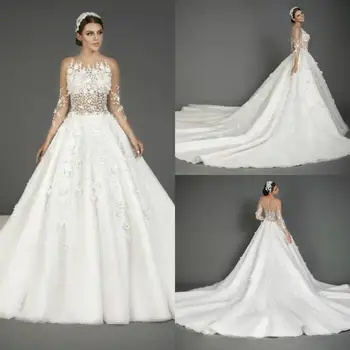 2020 Новое поступление Роскошных Свадебных платьев Трапециевидные бусины 3D Цветочная аппликация Свадебное платье в стиле Собора на заказ Vestido De Noiva
