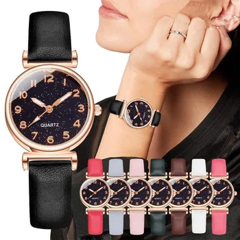 Кварцевые часы, кожаный ремешок, простой дизайн, циферблат, маленькие модные женские наручные часы