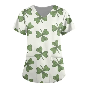 Женская футболка С коротким рукавом и V-образным вырезом, униформа для ухода за больными с принтом Зеленого клевера, скраб для ухода за больными, униформа для ухода за больными в День Святого Патрика
