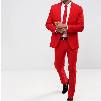 Приталенные красные повседневные мужские костюмы для выпускного вечера, свадебный смокинг из 2 предметов, мужской модный костюм жениха, куртка с брюками, Новинка