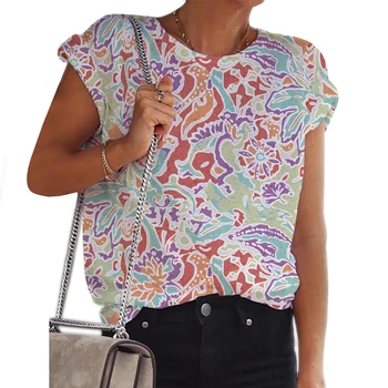 Плюс размер, женская летняя повседневная футболка с цветочным принтом и круглым вырезом, топы, женская свободная блузка с коротким рукавом, бесплатная доставка 2023 г.