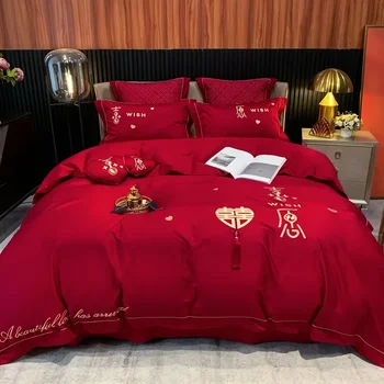 Красный комплект свадебного постельного белья из четырех частей, полностью хлопковое вышитое одеяло, Полностью хлопковое
