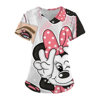 Униформа Disney Женская Рабочая рубашка медсестры с 3D принтом Микки Мауса, платье с карманом, Рождественская медицинская одежда, скрабы медсестры