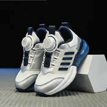 Обувь для мальчиков, осень 2023, Новая красивая детская сетчатая спортивная обувь, светящиеся кроссовки для бега на открытом воздухе с вращающейся пряжкой для девочек 28-40