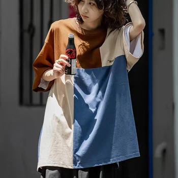 Gidyq Летние женские футболки в стиле пэчворк В японском стиле Модные Контрастные Свободные топы Повседневная женская уличная одежда Универсальные футболки
