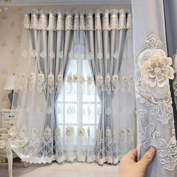 Роскошная Романтическая Прозрачная занавеска с тиснением и вышивкой для гостиной и спальни, Тюлевые кружевные шторы из двойной ткани