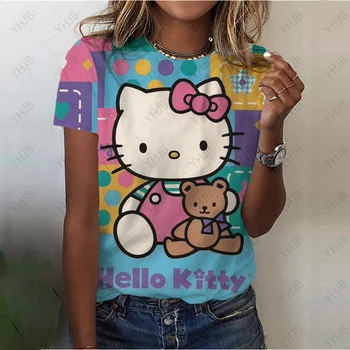 Женские Летние Супер мягкие футболки с принтом Hello Kitty, Женская Гибкая футболка с коротким рукавом из японского аниме, Базовая повседневная футболка