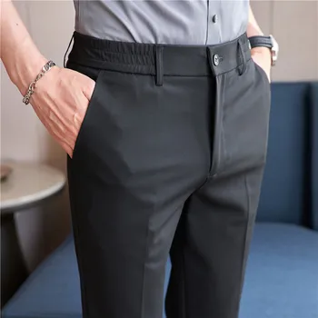 2023 Летние Деловые брюки из тонкого ледяного шелка, мужские Однотонные Тонкие брюки для повседневного костюма, офисные брюки для светских вечеринок, мужская одежда