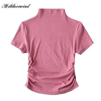 Милая Плиссированная Однотонная Рубашка для Женщин, Повседневная Водолазка с Высоким Воротом, Сексуальная Облегающая Оболочка, Модный Новый Y2k, Укороченный Топ, Женск
