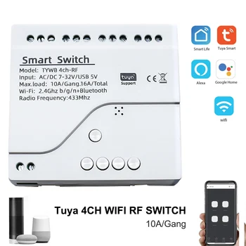 220V Smart Switch Wifi 12V 24V Релейный модуль 4CH Tuya APP Пульт дистанционного управления голосовым приемом RF433 Контроллер Медленно самоблокирующийся