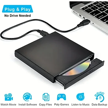 Внешний привод CD DVD, USB 2.0 Тонкий защищаемый внешний привод CD-RW Проигрыватель DVD-RW для ноутбуков, настольных ПК