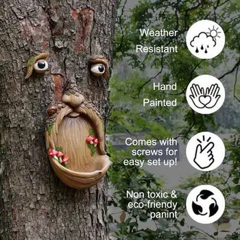 Украшение для лица деревом, Уникальная садовая скульптура, Деревенская скульптура из смолы, Кормушка для птиц с грибным декором на открытом воздухе для сада