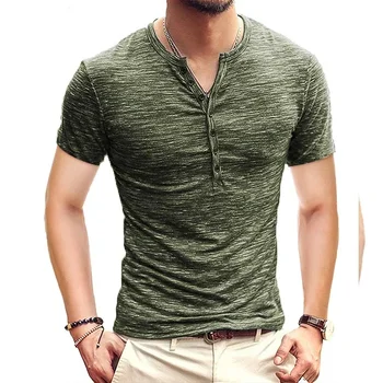 A2419 Мужская футболка Henley С коротким рукавом, Стильная Приталенная футболка на пуговицах С V-образным вырезом, Повседневные Мужские футболки Американского размера
